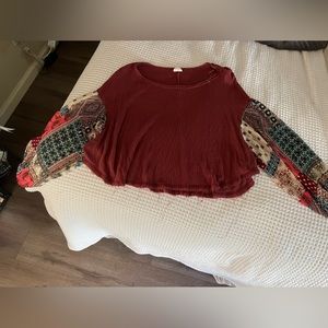 Burgundy Sweater Top with Paisley Sleeves
